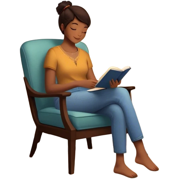 A person sits mindfully in a chair, a gratitude journal nearby, and a phone turned off. A bird chirps outside, a scented candle burns, and a small hidden gift bag peeks from under the table. A framed quote says, "Be Kind to Yourself," while they share a smile with someone. emoji