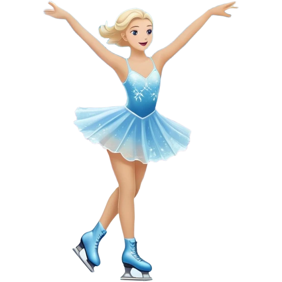 An icon featuring a shimmering rink, colorful spotlights, snowflakes gently falling from the sky, and an audience in the stands, with a snowy landscape visible through large windows with a graceful figure skater performing a spin on a sparkling ice rink. Transparent background. emoji