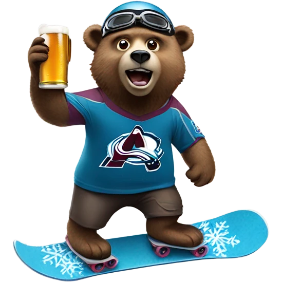 snowboard bear wearing helmet and goggles, colorado avalanche jersey doing insane tricks while holding a beer emoji
