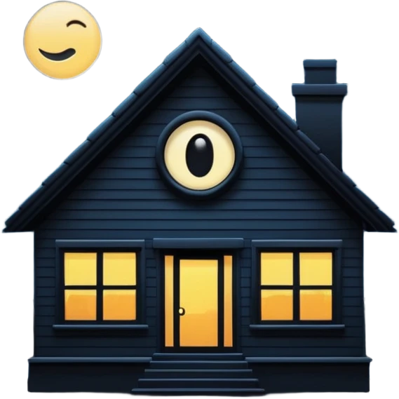 Minimalist emoji-style sticker of a house silhouette at night with a single lit window, and an eye visible inside. Flat, dark, quiet style.
 emoji
