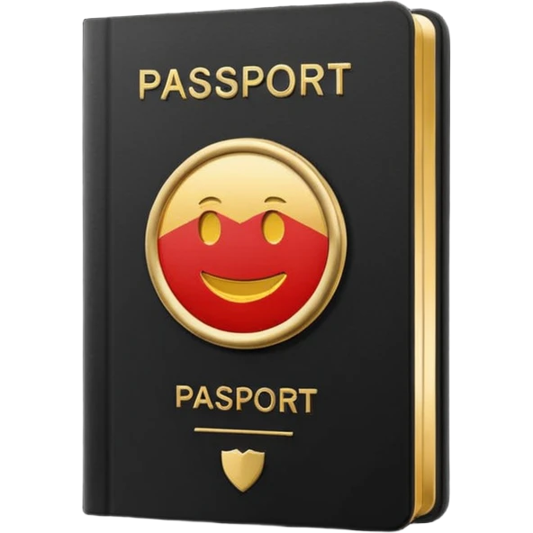 Minimal emoji icon of a black passport, matte cover, simple gold emblem, clean lighting emoji