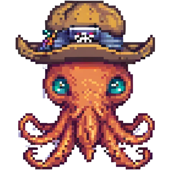pixel art octopus with a large pirate hat and eye patch emoji