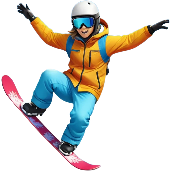 An icon featuring a snowboarder mid-jump, performing a stylish trick above a snowy mountain slope. The background showcases powdery snow, evergreen trees, and a bright blue sky. Transparent background captures the energy, skill, and thrill of snowboarding. emoji
