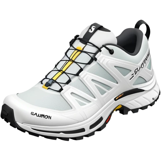 White Salomon XT-6 Gore-Tex trail running shoes, one positioned behind the other, simplified iOS emoji style, technical outdoor sneakers with trail sole, clean white colorway, minimalist design emoji
