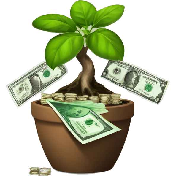 a plant in a brown pot of diamonds growing a mini bonsai tree with dollar bills as the foliage the plant is growing money the leaves of the plant are money emoji