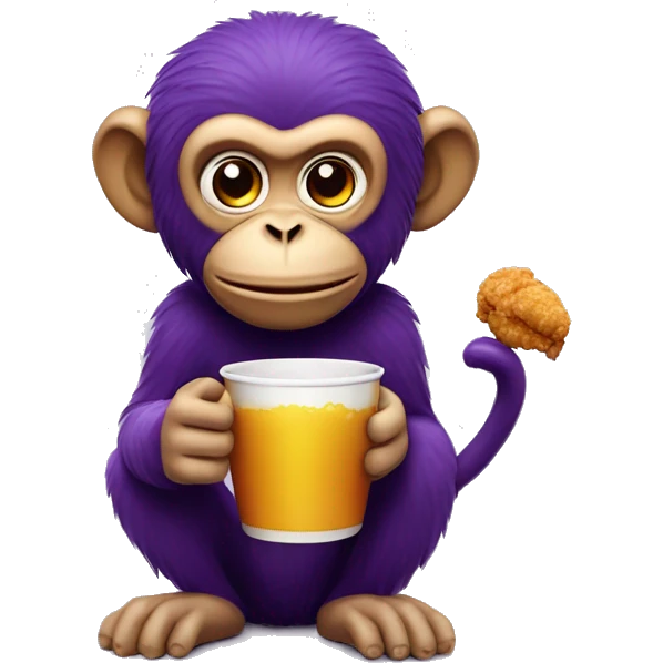 monkey with a crispy piece fried chicken in one hand and holding a cup with purple liquid in it  emoji