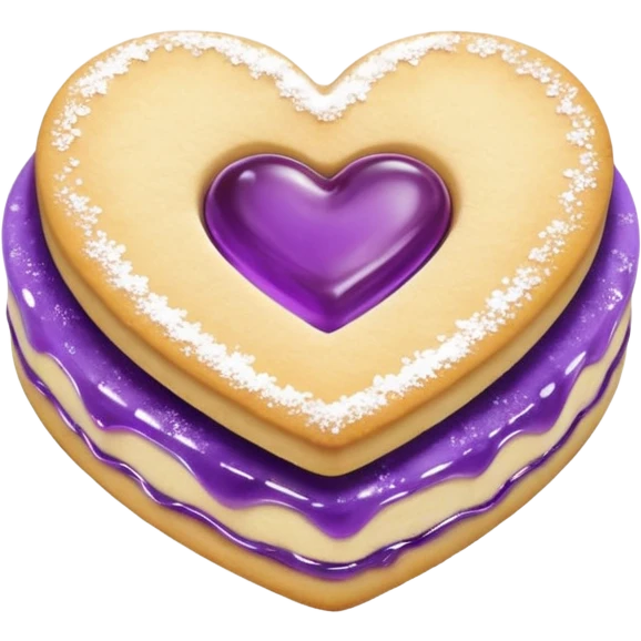 Realistic shortbread cookie in the shape of a heart with purple pastel jelly middle filling and sprinkled powder sugar on top. emoji