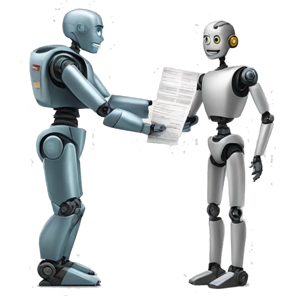 a robot handing a paper to a human emoji