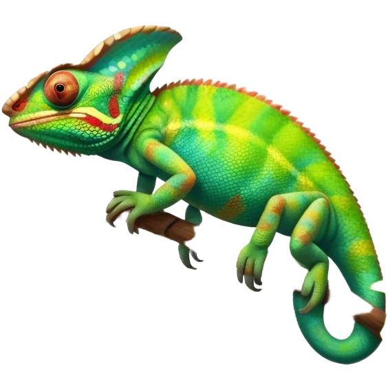Giant Chameleon blending into natural surroundings, perched on a branch. Its vibrant colors shift with the environment. Lush greenery, branches, and soft sunlight create a peaceful, nature-filled background. Transparent background, showcasing the chameleon's colorful, textured skin. emoji