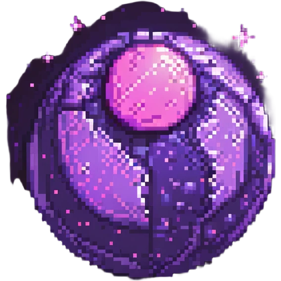 a purple planet glowing pink with tiny stars around it, pixel art style emoji