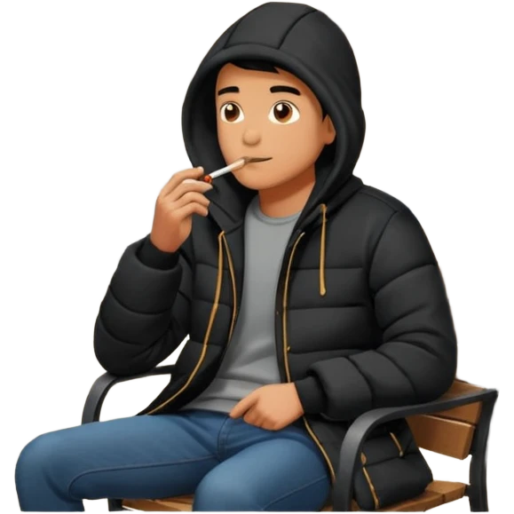 A man sitting on a chair, wearing a black puffed coat with hood, hands in his pocket, smoking a cigaret, he is on a chair, the chair is an outside coffe terrasse chair emoji