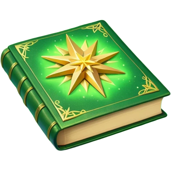 A **green, glowing book** with **golden edges**, floating with **sparkles and magical wisps** around it. The cover features a **golden starburst sigil**, symbolizing charm and radiance. ✨📖 emoji