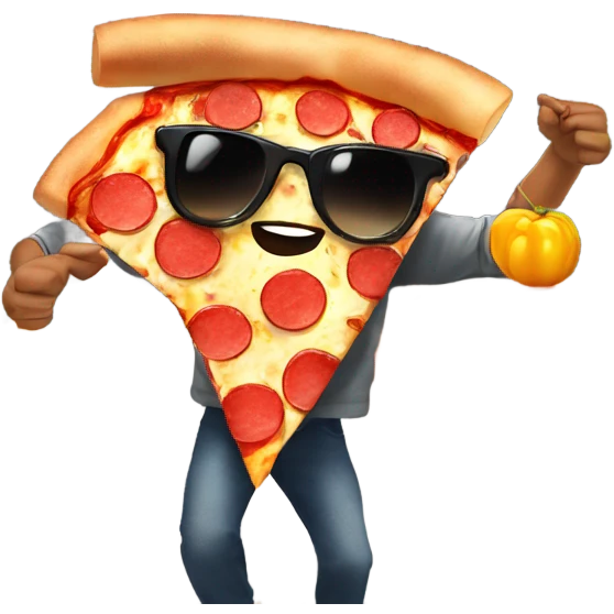 Pizza dancing in NYC eating a slice of pizza with sunglasses on emoji