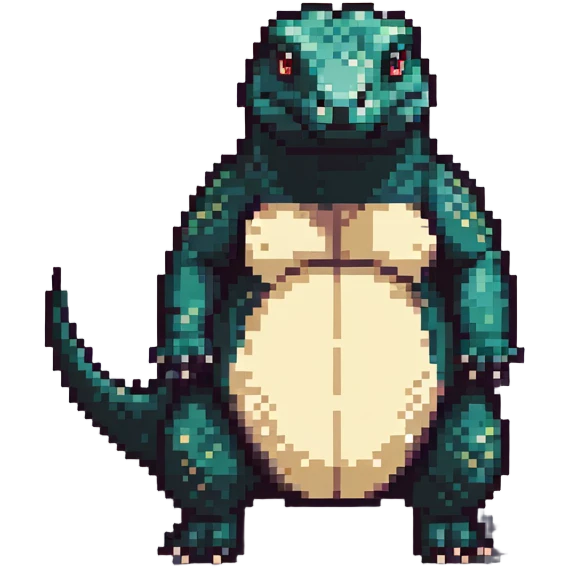 A pixelated fat komodo dragon with a big round belly, mid-hiccup with its body slightly jumping emoji