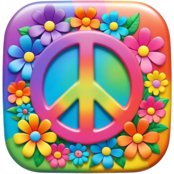 Beveled square shaped psychedelic colored button with rainbow colored hippie style 3D flowers and a peace sign in the center emoji