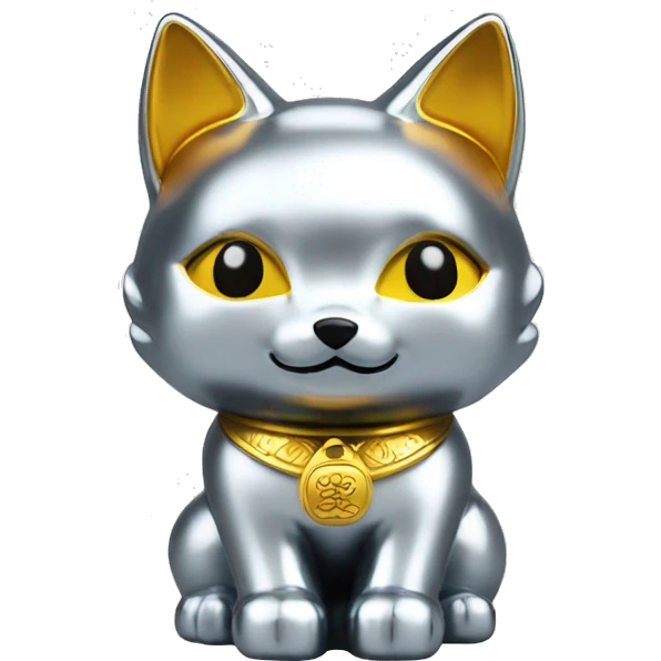 fully chrome fox statue in the form of maneki neko emoji