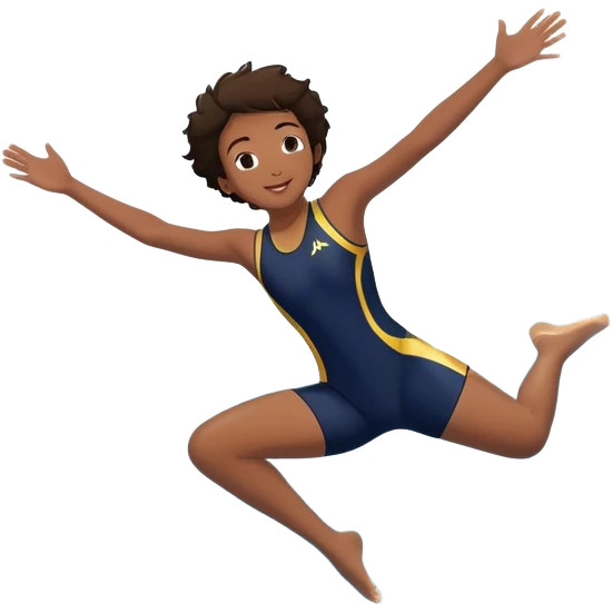 A young person leaps boldly into a sparkling pool named “Confidence,” arms wide, surrounded by skilled divers mid-air. Though less experienced, their fearless energy shines, symbolizing the courage to grow alongside greatness. emoji