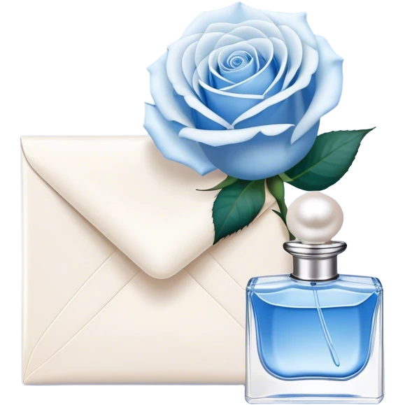 white-blue rose next to a pearl-colored envelope and a flacon of aesthetically pleasing perfume in powder blue  emoji