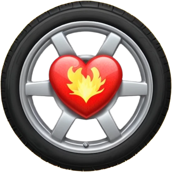 a car wheel on fire, sparks flying from underneath, and a red heart in the center of the wheel emoji