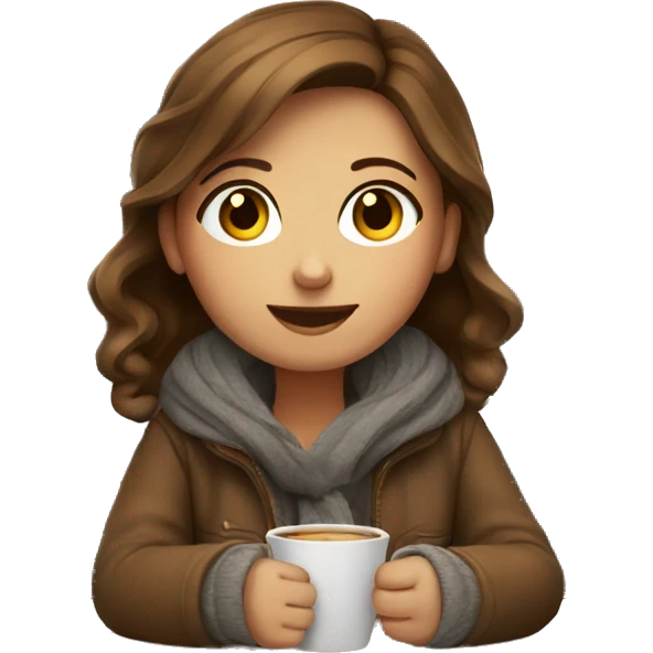 A brown hair girl sitting in a cafe with warm clothes  emoji