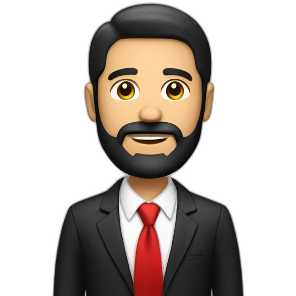 A Hispanic man with black beard in a black suite with the red tie emoji