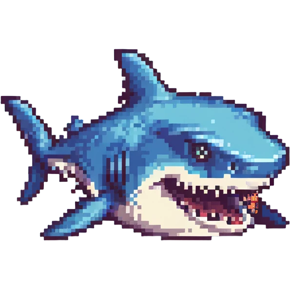 stylized shark, pixel art, bold colors, playful expression emoji