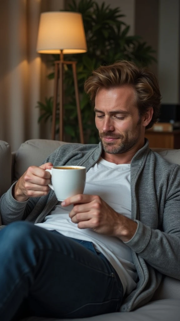 Uomo adulto in abiti casual in un ambiente domestico o ufficio tranquillo, mentre beve un caffè espresso con espressione consapevole. Subito dopo, si sdraia su un divano per un breve riposo di 20 minuti, occhi chiusi, posizione rilassata.  emoji