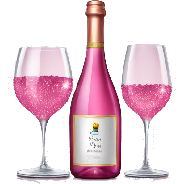 Realistic sparkling diamond glam bottle of pink Wine and matching long stem wine glass. emoji