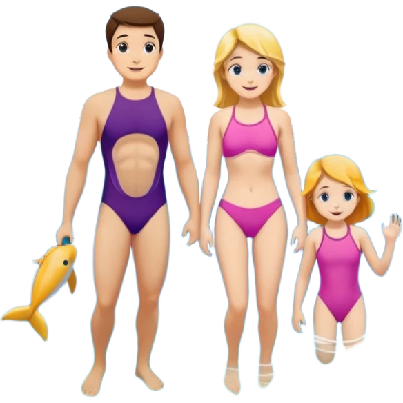 아이딸린 가족이 해변에서 돌고래 스노쿨링 하는 거 만들어줘 emoji