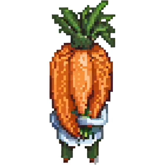A person from the Roblox game Grow a Garden, who is a seller holding a carrot emoji