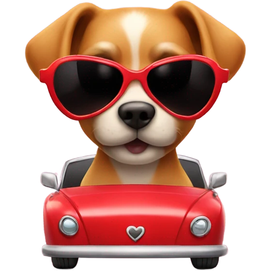 Dog with heart sunglasses and riding in a red car emoji