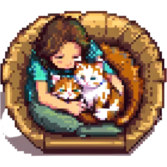 Replace the girl with the one in the reference image, keeping the pose: cat curled up in girl's lap, pixel art style, with no background. emoji