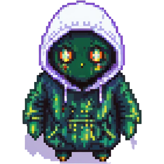 A close-up of a mysterious hooded figure with wide, glowing eyes shining brightly from under the shadow of the hood. The expression looks shocked or amazed, with subtle glitch or aura effects around the eyes. emoji