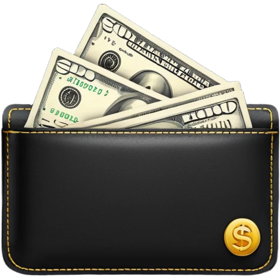 Rich emoji style black leather wallet with dollar bills, luxury money vibe, premium 3D emoji, ultra clean, high detail, no background
 emoji