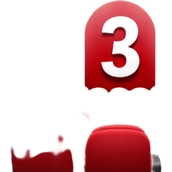 A 3D number 3 in a movie theater setting, shiny red surface; bright spotlights from above; cinematic glow with subtle haze; glossy, premium Hollywood countdown look; centered composition. emoji