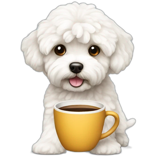 A white maltipoo with a cup of coffee emoji