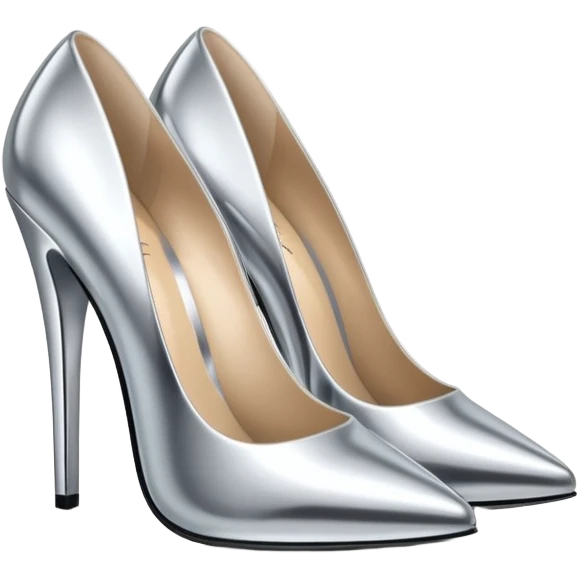 A pair of high heel shoes emoji made of polished silver chrome, elegant sharp silhouette, smooth metallic surface, glossy reflections, luxury sexy vibe, minimalistic iOS emoji style, centered, clean white background emoji