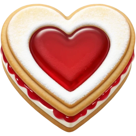 Realistic shortbread cookie in the shape of a heart with red jelly middle filling and sprinkled powder sugar on top. emoji