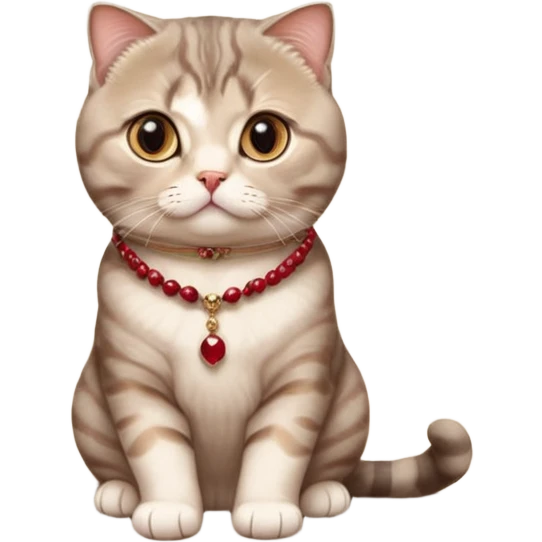 Scottish Fold cat on beige marble table, facing camera, wearing crimson bead necklace. Background has striped wallpaper, TV, and damask drapery. emoji