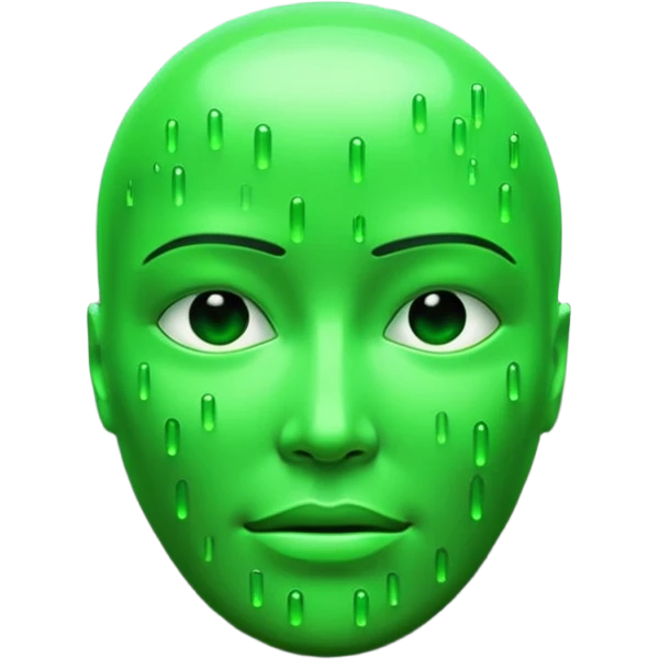 Emoji inspired by The Matrix film, glowing green terminal code forming a face, digital rain backdrop, hacker cyberpunk aesthetic, high contrast black and green, cinematic sci-fi lighting, ultra-sharp 3D. emoji