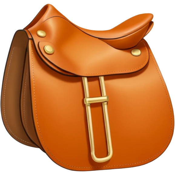 Hermès-style saddle, modern design, Hermès orange, gold buckles, luxury, cute emoji style emoji