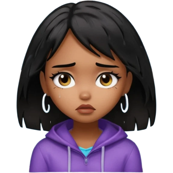 generate a pretty bratz brown skinned girl with messy black hair looking out of the rainy window, looking very sad emoji