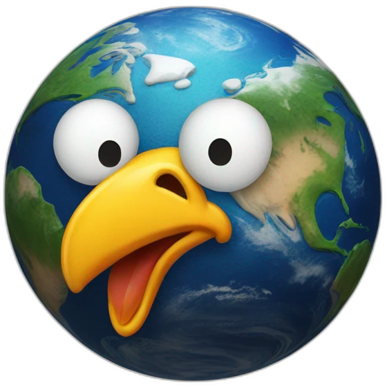 planet Earth with a cartoon chicken face with raised eyebrow emoji