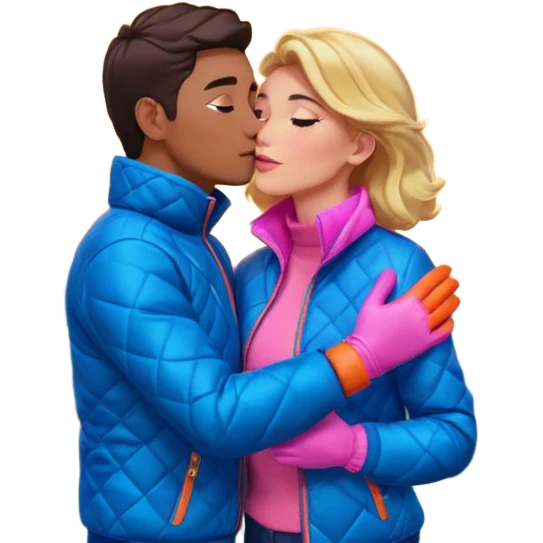 “Selfie romántica en la cima de una montaña verde, atardecer intenso naranja y dorado iluminando el cielo con nubes dramáticas, cordillera al fondo, pareja abrazada y besándose, chaqueta azul acolchada, guantes rosados, paisaje natural abierto y mágico. emoji
