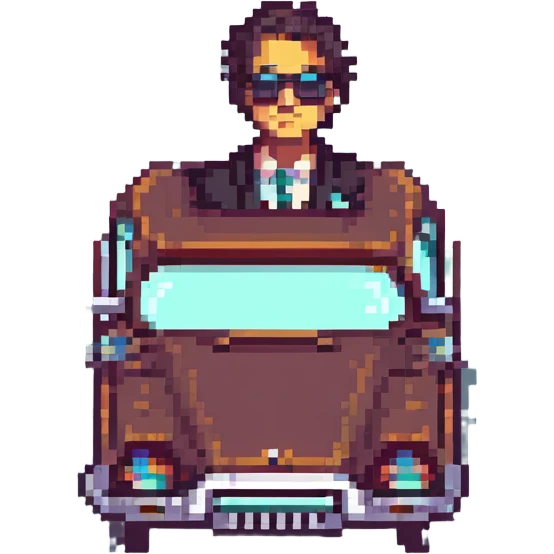 mafia guy wearing sunglasses, leaning against a vintage car, pixel art style emoji