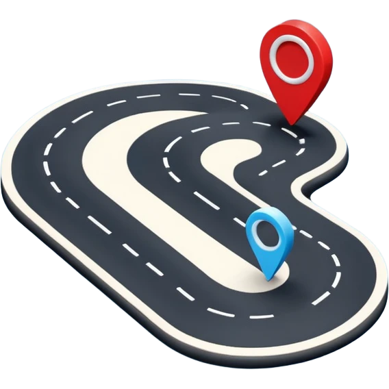 3D navigation map icon, simple curved road, location pin, smooth rounded shapes, Waze style, blue white and black colors, small red accents, clean minimal design, no background emoji