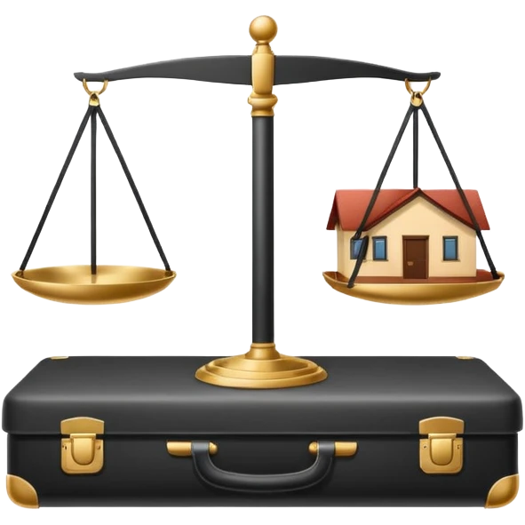 Minimalistic flat vector icon, iOS style, thin black contour on white background. Balanced scale with a house on one side and a briefcase on the other. Clean, no text, no shadows.
 emoji