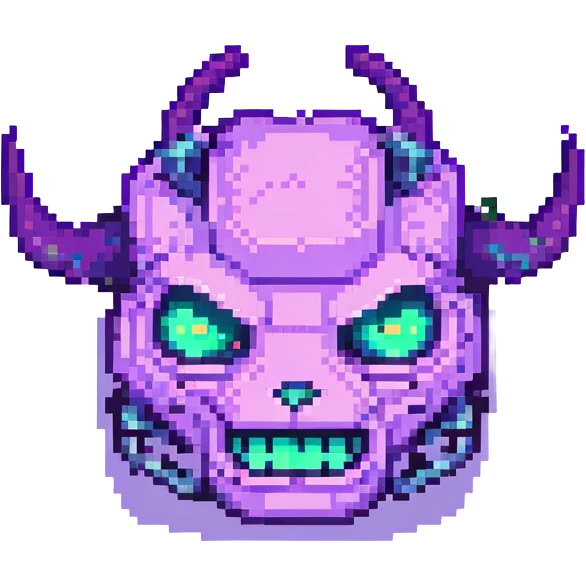 purple demon bot face only, pixelated effect, small horns, glowing eyes, playful smirk emoji