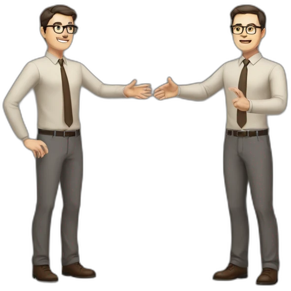 Full height Actively gesturing with hands Pale skinned fit man with dark brown hair in gray jacket, beige office shirt, brown tie, brown pants and vintage glasses. emoji