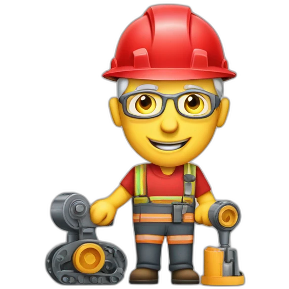 Industrial professional senior mechanical assembler working on the assembly of heavy machinery with a red outfit emoji